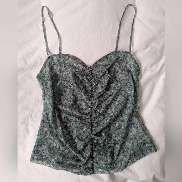 Reformation Kynlee Knit Mesh Top, Ruched, Green Floral - Picture 2 of 5